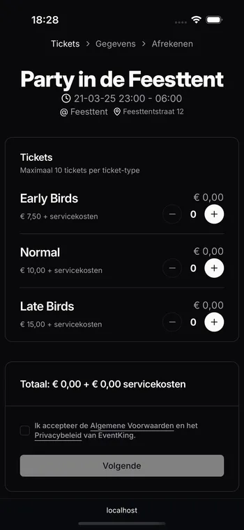 EventKing Shop app screenshot in dark mode