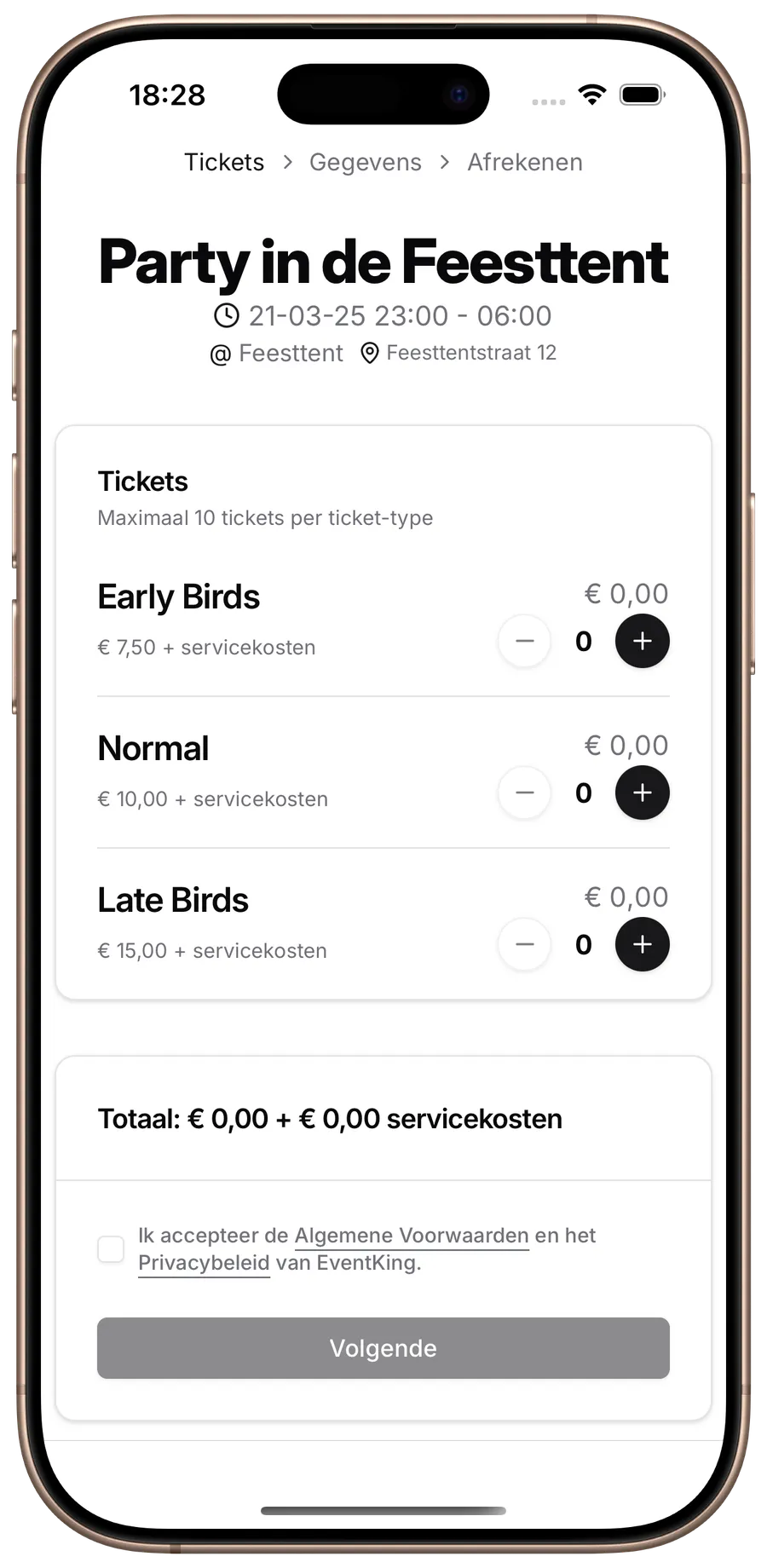 EventKing Shop app screenshot in light mode